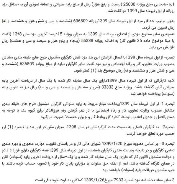بخشنامه اصلاح مزد 99 کارگران